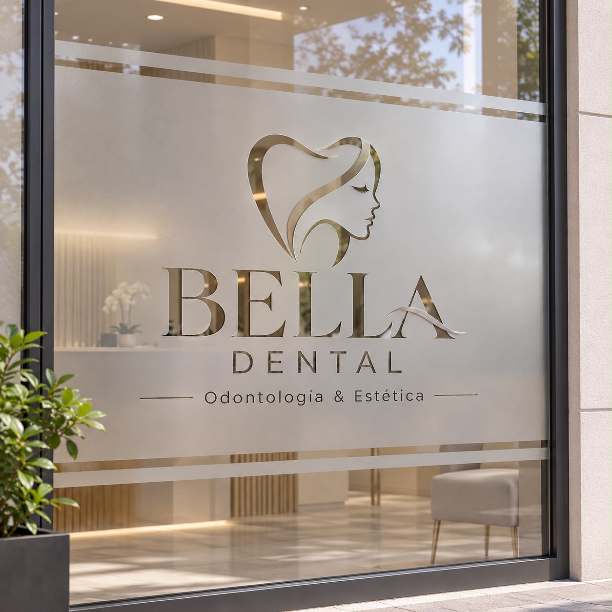 Fachada de Bella Dental con el logo en el vidrio